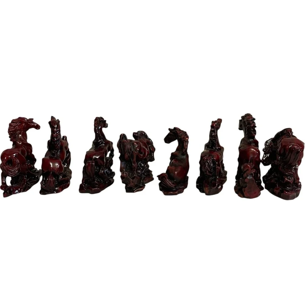VTG Galloping Horse Figurine Set Home Decor Small Burgundy Red Cinnabar Style